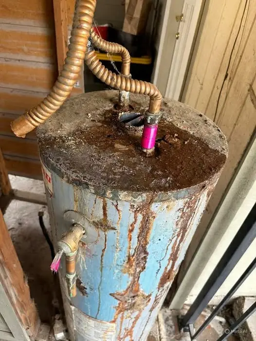 Corroded water heater tank with rust streaking down the shell in a Lancaster, PA basement